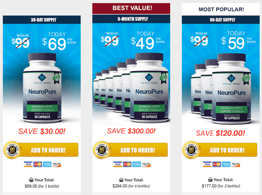 NeuroPure product pricing with bottles, offering special discount and bonus gifts.